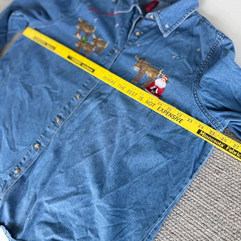 Vintage 90s Denim Embroidered Christmas Theme Jean Shirt Size 2X 18 - Image 7