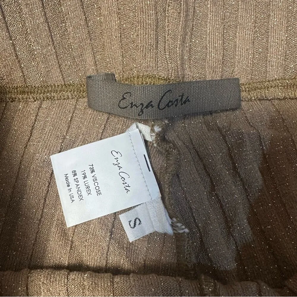 Enza Costa Lurex Sweater Rib Flare Pant in Sand & Gold Shimmer Sparkle Tan - Image 4
