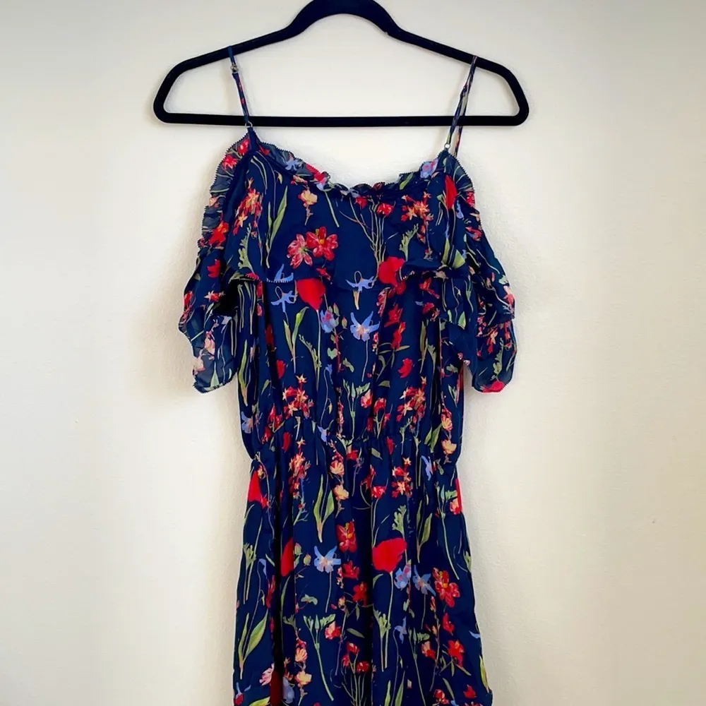 Parker Kam Midi Silk Dress Gardenia Floral Cold Shoulder Ruffle Small - Image 9