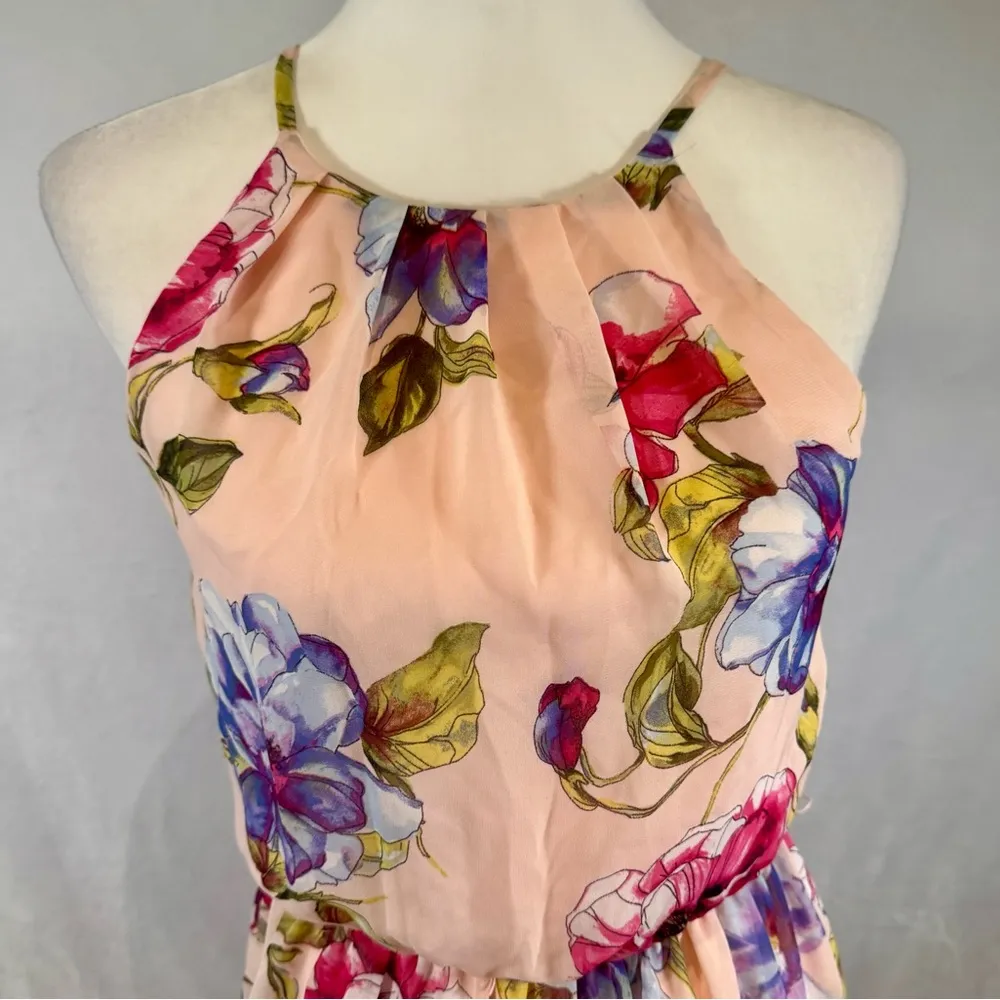 Pink floral high pleated neck chiffon dress size small - Image 2