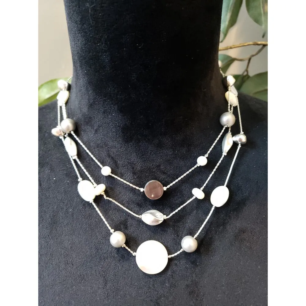 Womens 3 Strand Silver Tone Faux Pearl Abolan Shell Blister Pearl Bib Necklace - Image 2