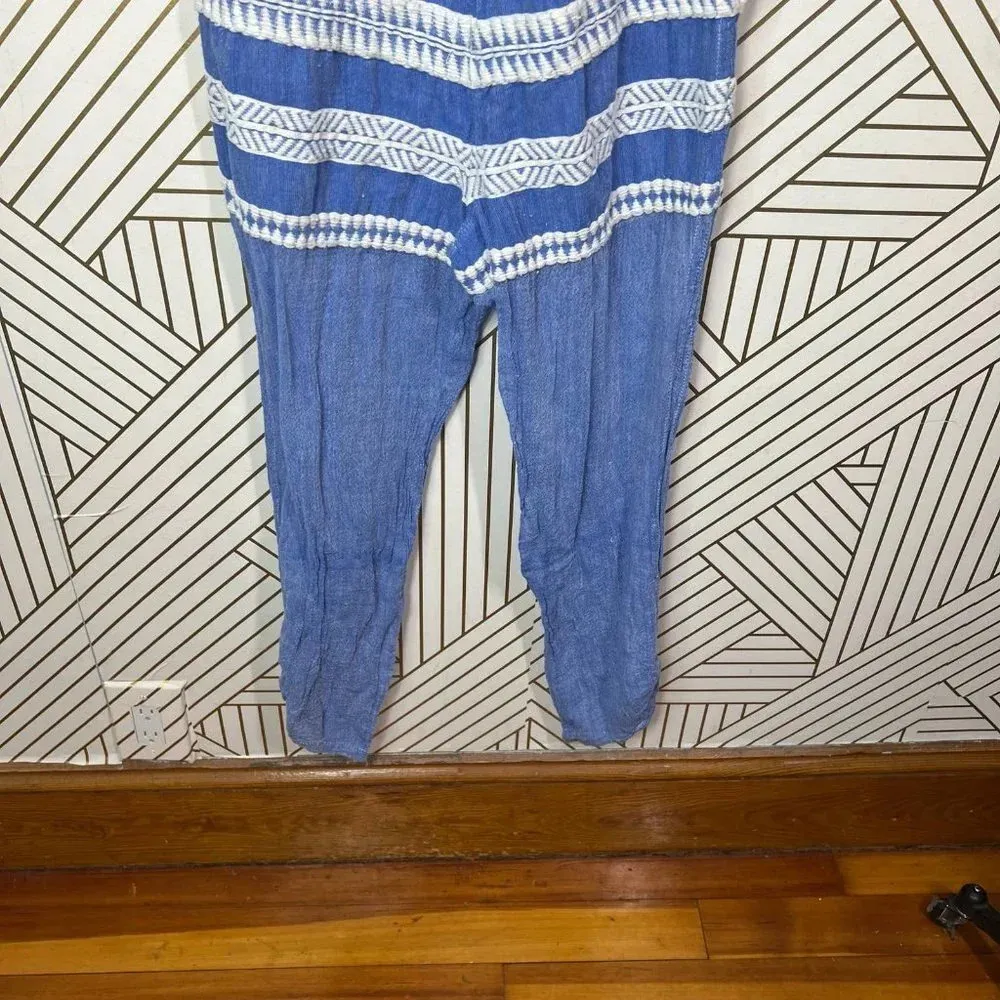 Lemlem Freya Off The Shoulder Embroidered Gauze Jumpsuit Blue Size‎ US Medium - Image 10