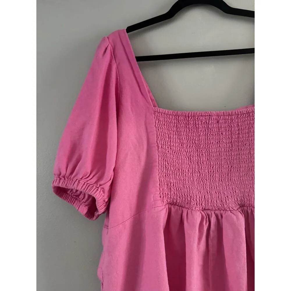 Old Navy Pink Button Front Smocked Puff Sleeve Dress Sz 2x Linen Blend - Image 7