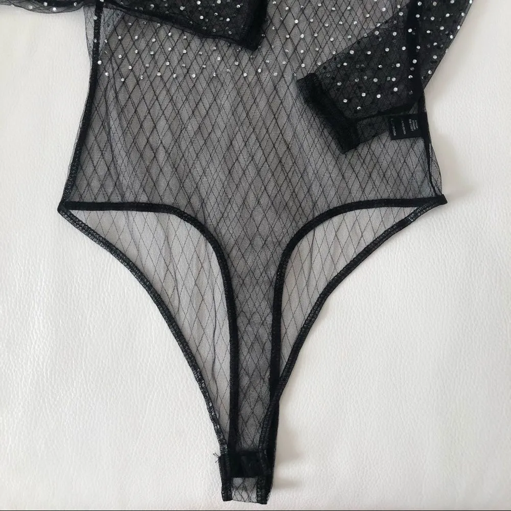 🆕 Clubwear Blouse Bodysuit (M) with Rhinestones Embellished 💥 Black Size M - Image 8