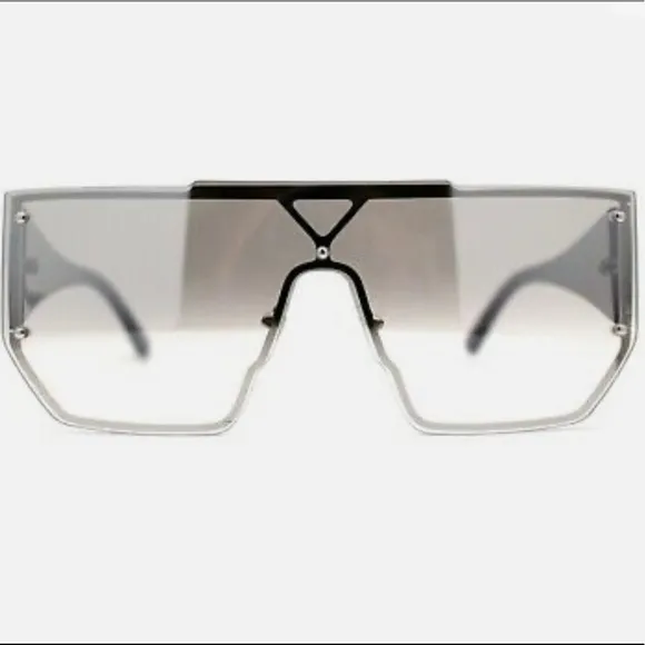 Oversize Square Shield Flat Top Exposed Lens Sunglasses. Black arms - Image 2