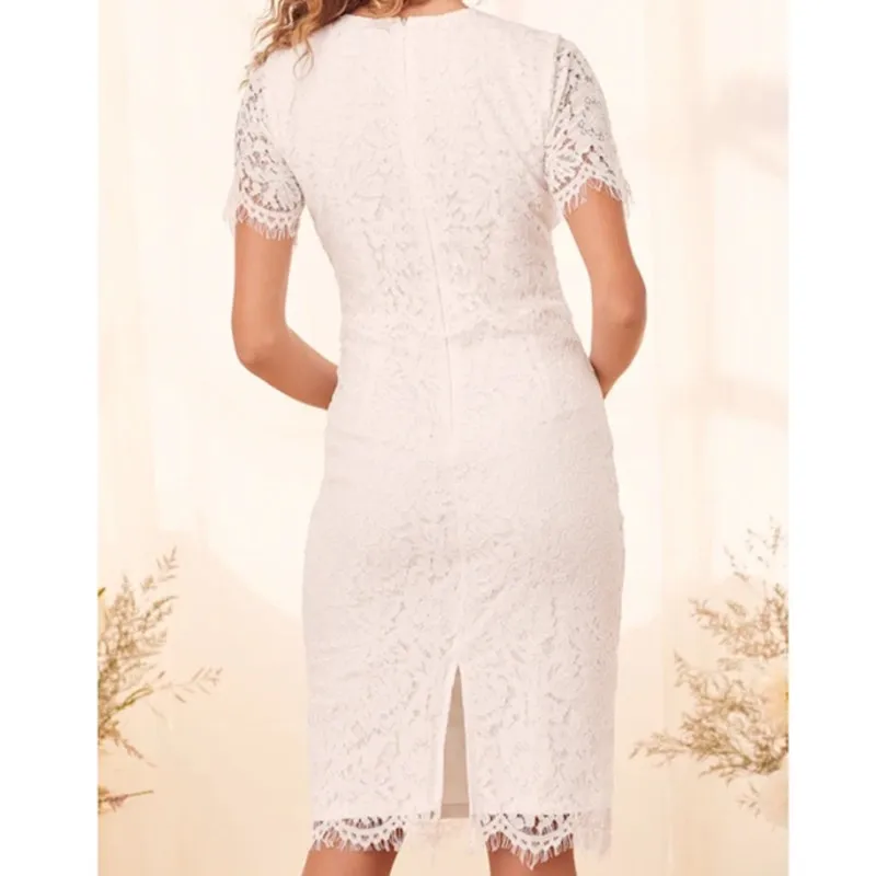 Lulus NWOT Devotion Off-White Eyelash Lace Sheer Cap Sleeve Midi Dress Medium - Image 9