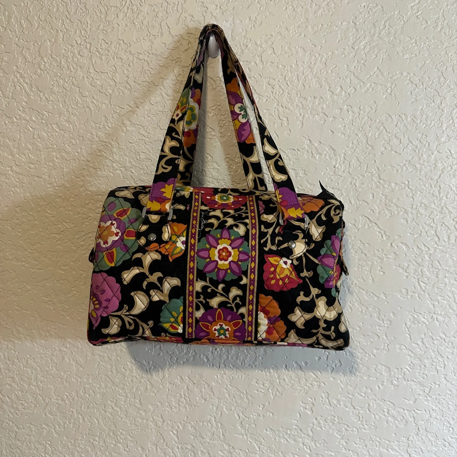 Vera Bradley Suzani  Satchel Floral Quilted Handbag Purse Black Purple Tan‎ - Image 6