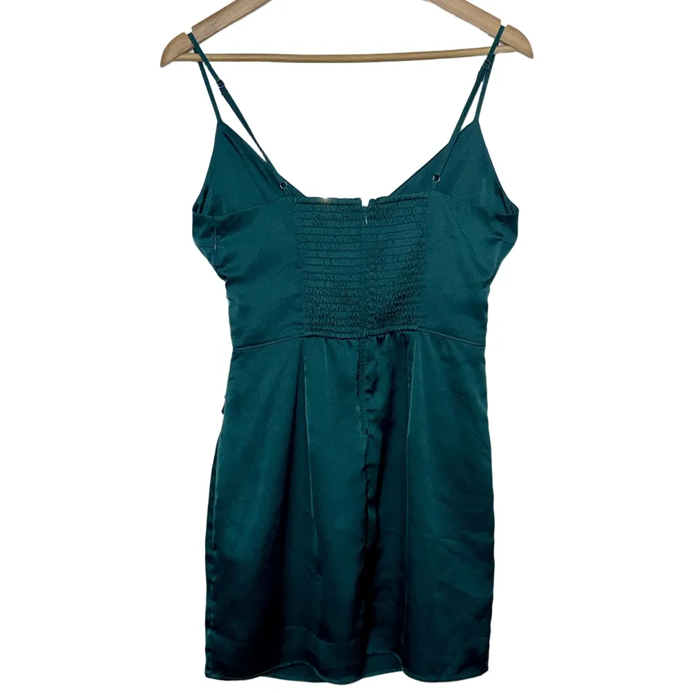 Abercrombie & Fitch Emerald Green Satin Ruched V-Neck Mini Dress Womens Size S - Image 2