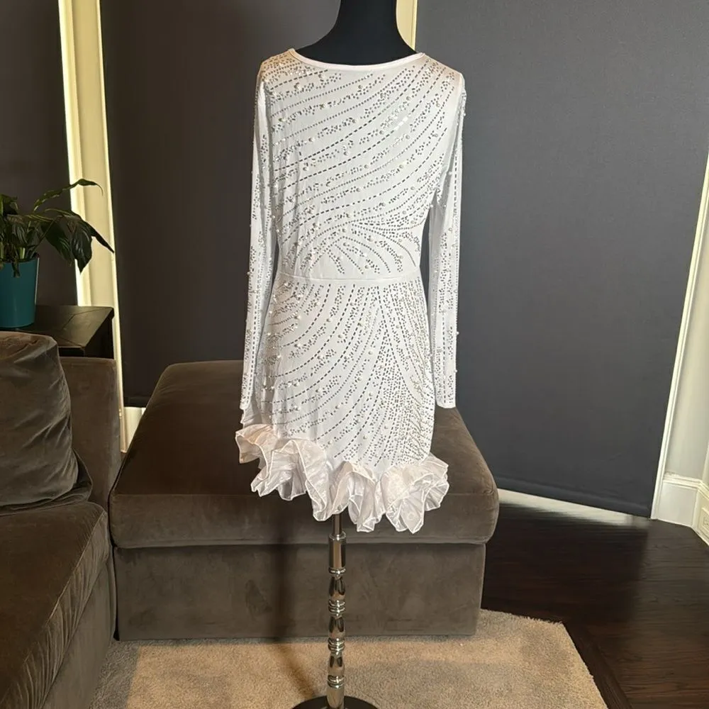Short White Sparkly BodyCon Party Dress Long Sleeve Ruffle Hem Size L NWOT Size L - Image 6