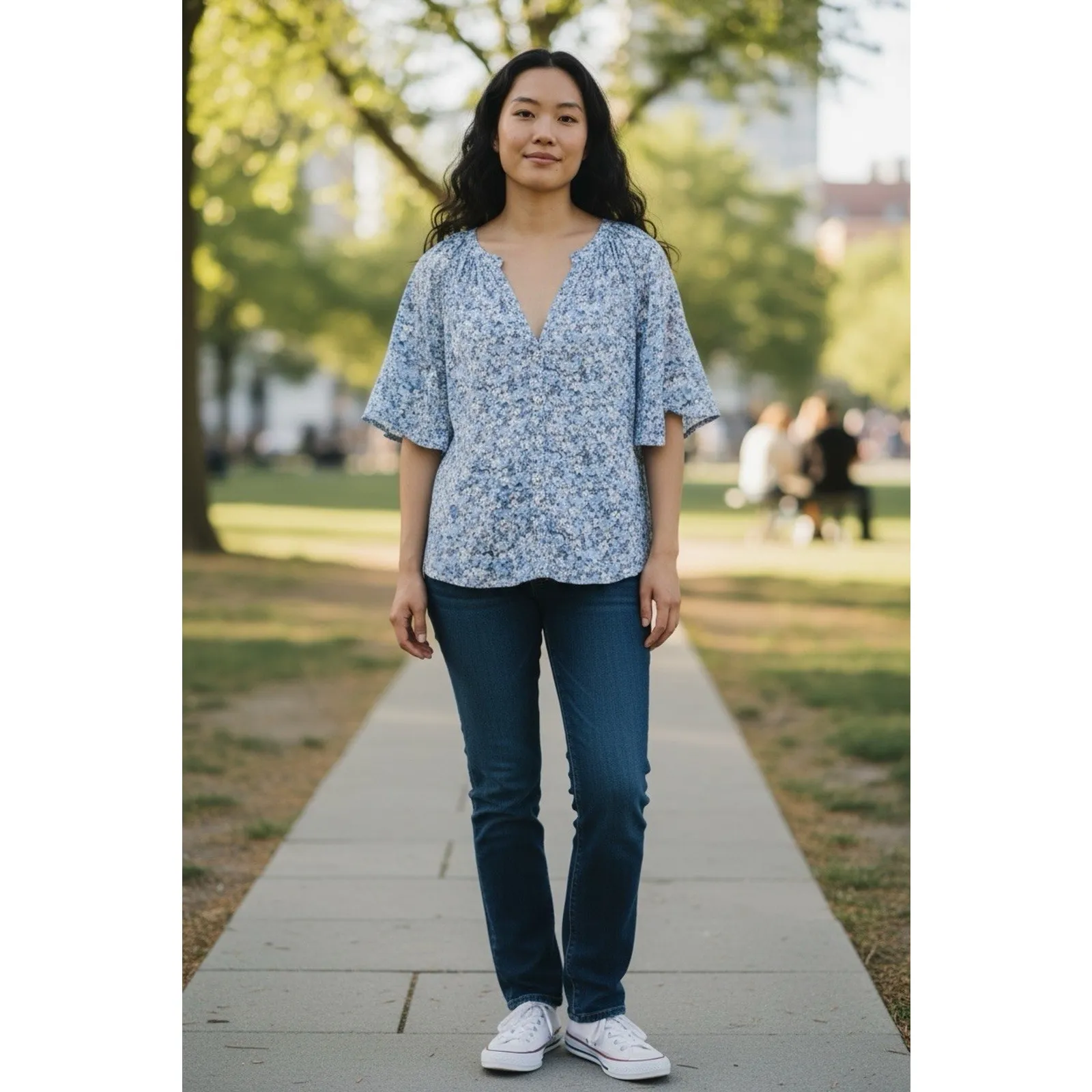 Vineyard Vines Puff Sleeve Button Front Top Size XS Floral Navy Split Neck - Image 11