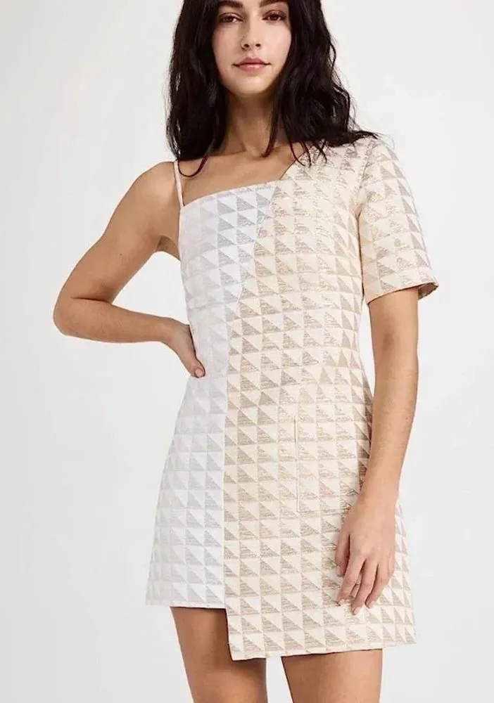 NWOT $595 Autumn Adeigbo Eloise Metallic Asymmetric Mini Dress White Size 12 - Image 1