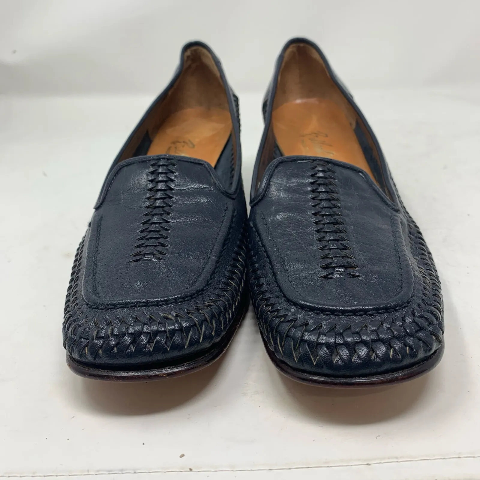 Bullock’s Made in Italy Navy Blue Leather Braided Woven Loafer Stacked Heel 9 N - Image 3