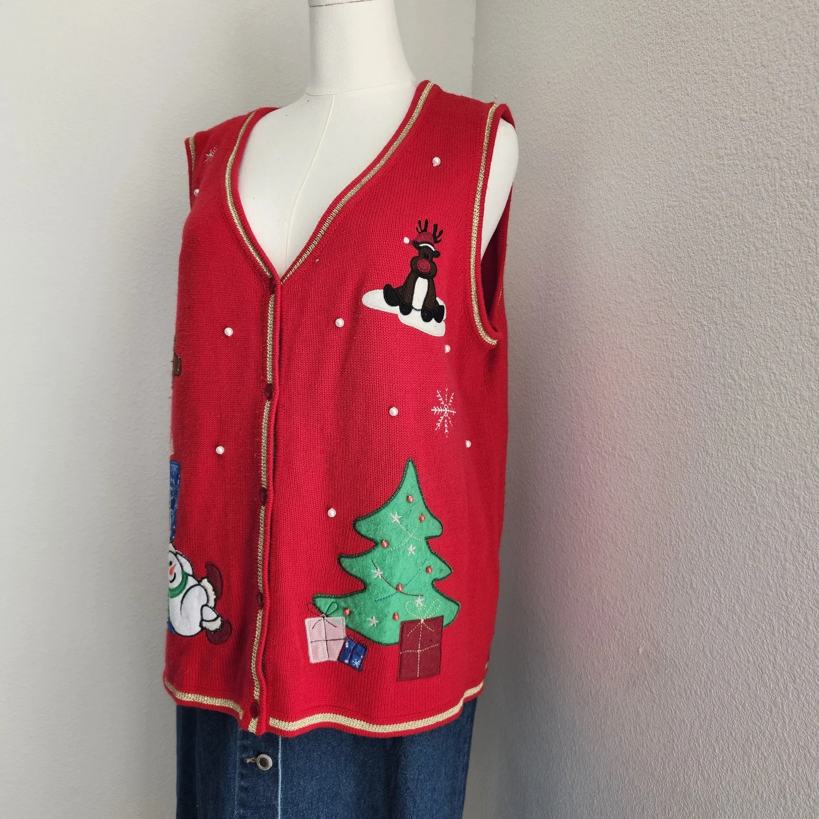 Vintage Y2K White Stag Red Knit Ugly Christmas Sweater Vest Holiday Theme L - Image 2