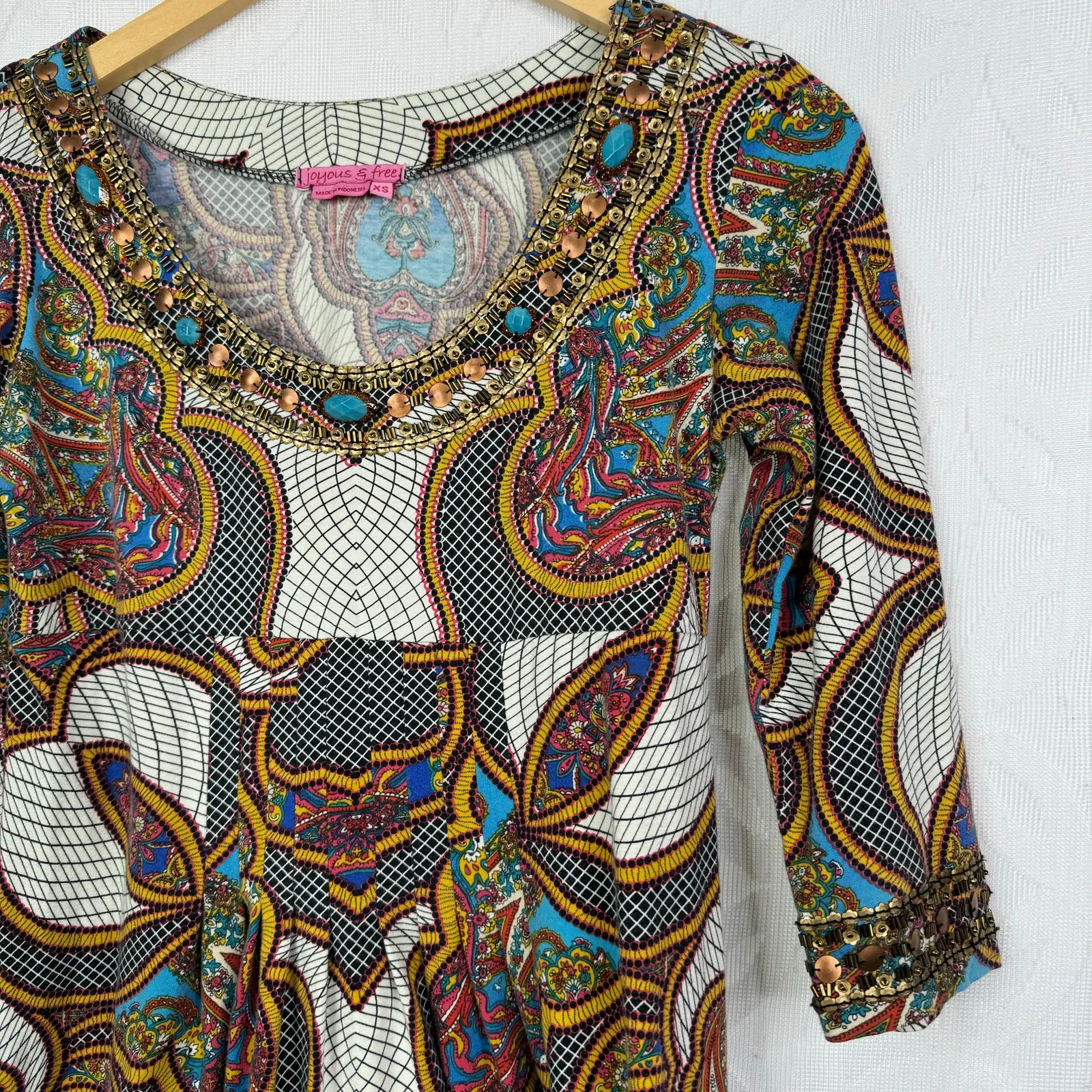 Joyous‎ & Free Beaded Boho Paisley Tunic Dress Size XS Brown - Image 10