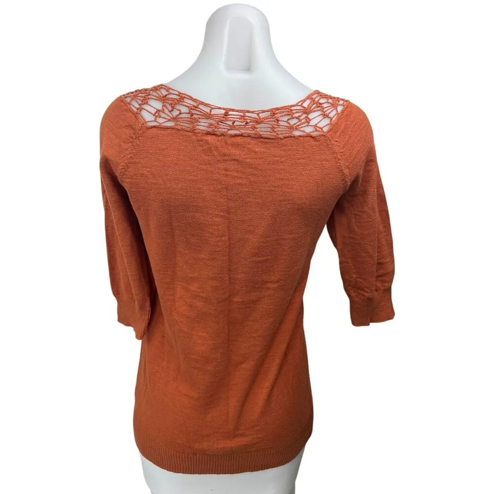 Rubbish Orange Knit Crochet Lace Half Sleeve Crew Neck Blouse Sweater Top Size M - Image 2