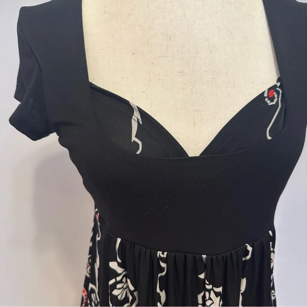 90s Roomates California Brand Babydoll Tie Back Patterned Tunic Top Black Size undefined - Image 2