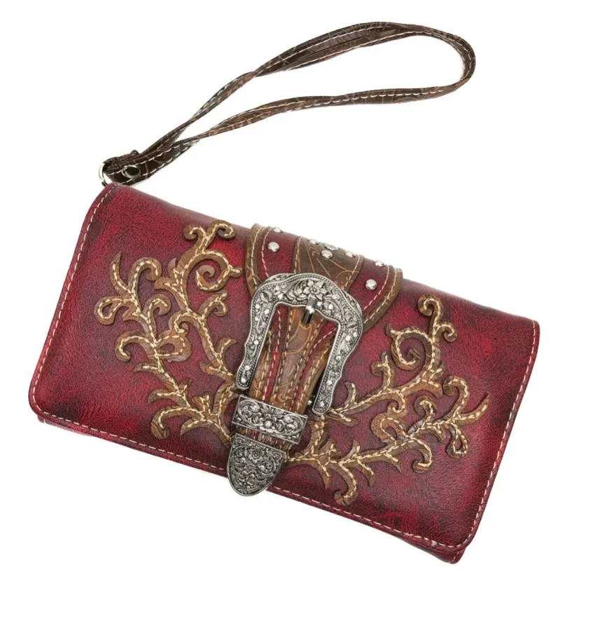 Classic Western Buckle Crossbody Trifold Wallet Red - Image 1