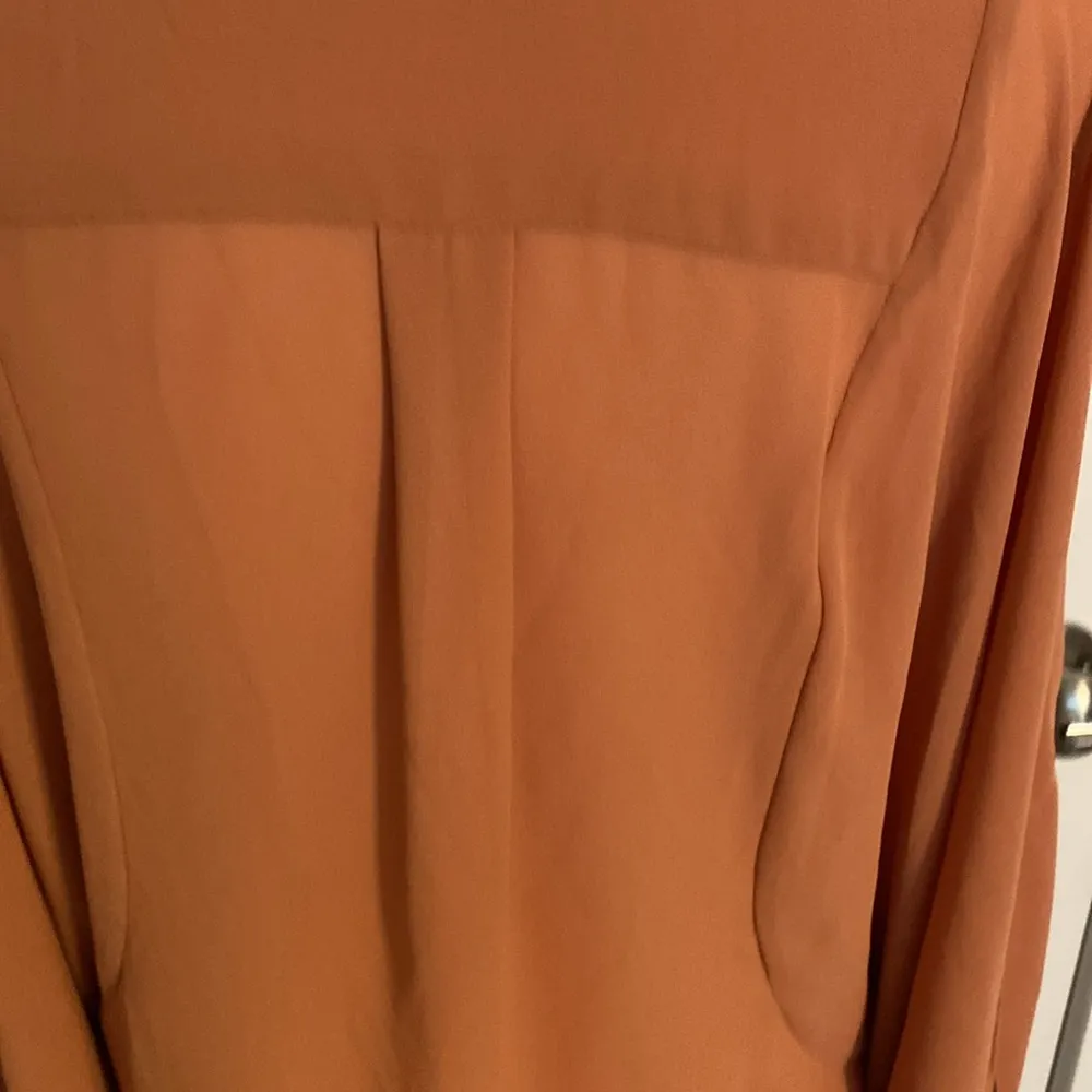 Double Zero| Light caramel V-neck long split sleeve blouse.  Longer, sheer back. - Image 8