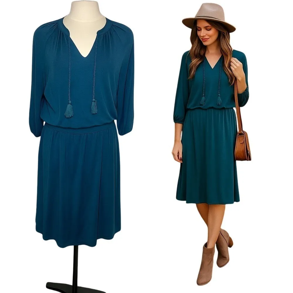 Garnet Hill Teal Tencel Dress M | Quiet Luxury Boho‎ Chic | Tassel Tie Style - Image 10