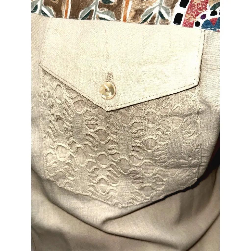 Tapestry Medium Ivory Tan Satin Look Mosaic Yoke Lace Pocket Button Front Blouse - Image 8