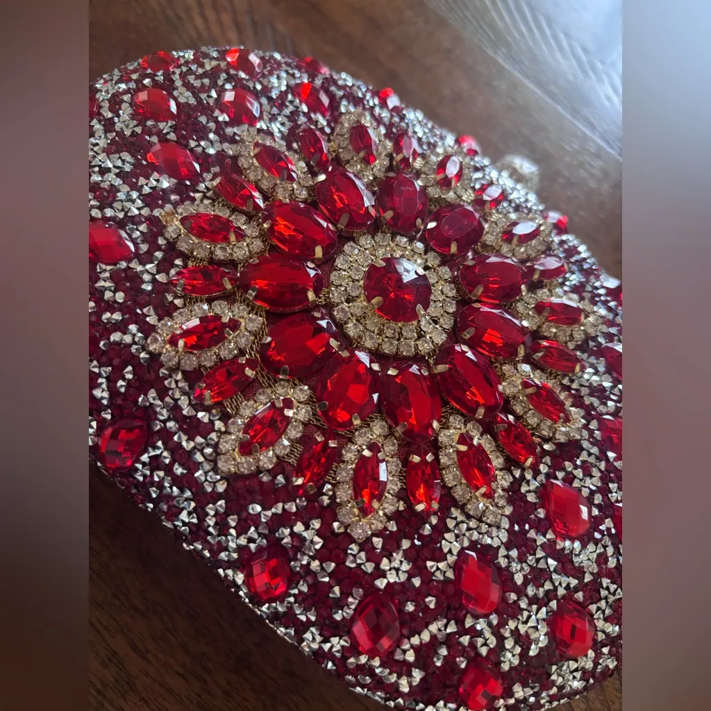 Ramla Handmade Sparkling Gold Handmade Diamond Womens Clutch Purse Handbag NEW Red - Image 5