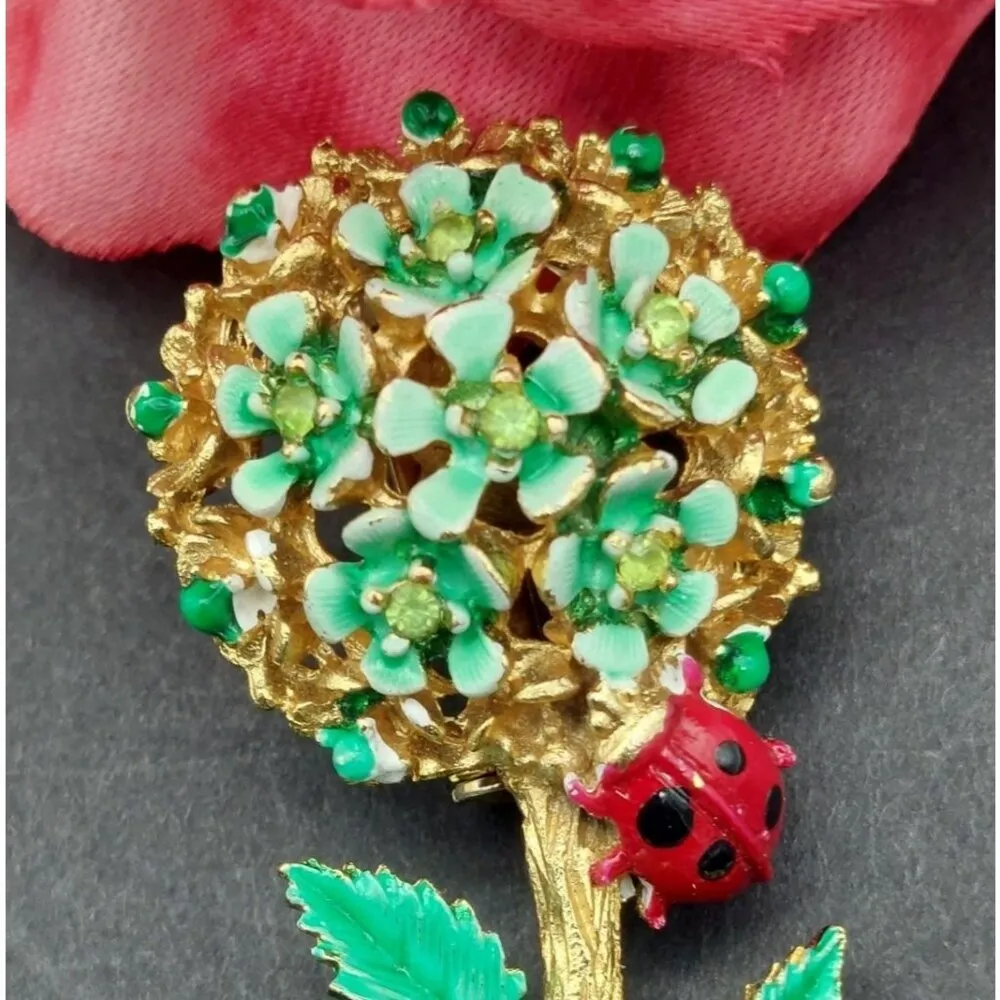 Adorable Gold Tone & Green Enamel Flower Brooch Ladybug Rhinestones 2 Inch - Image 4