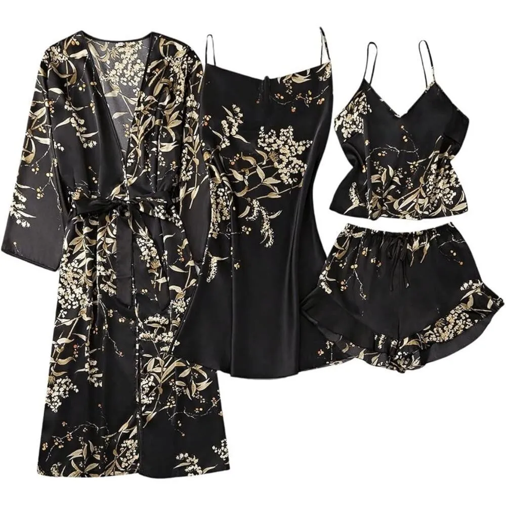 Women's 4 Piece Floral Print Satin Pajama Set in Black, Size S Black - Image 1
