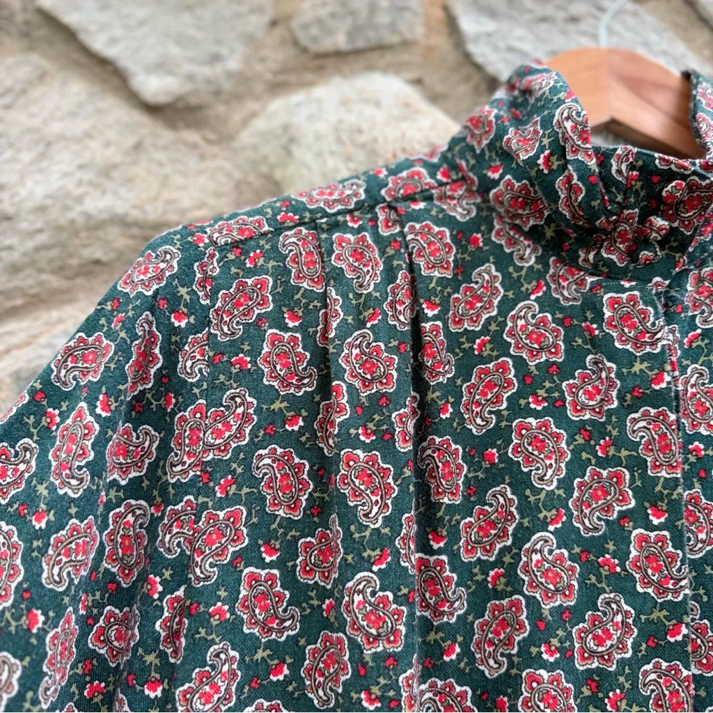 Vintage Wool Blend High Neck Green Paisley Button Down Shirt - Image 3