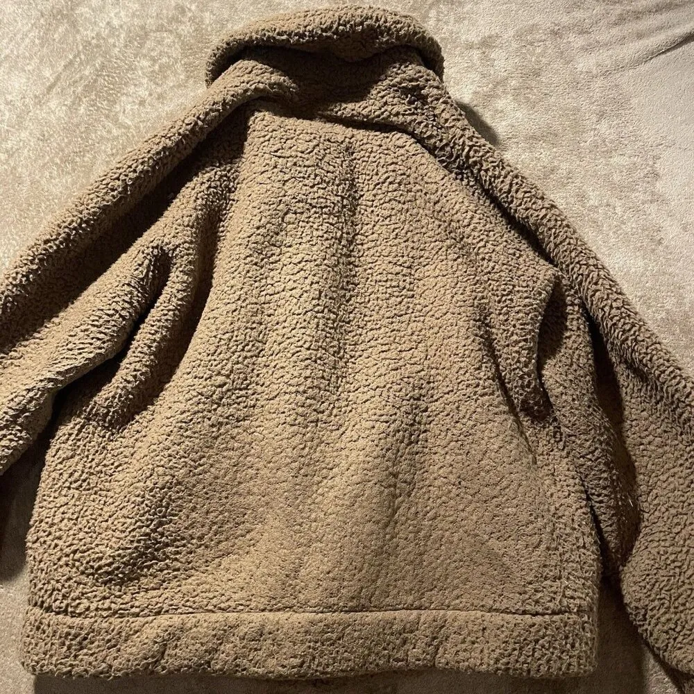 Womens Teddy Jacket Sz Large Bear Fleece Zip Up Camel Brown Tan Patch Pockets - Image 3