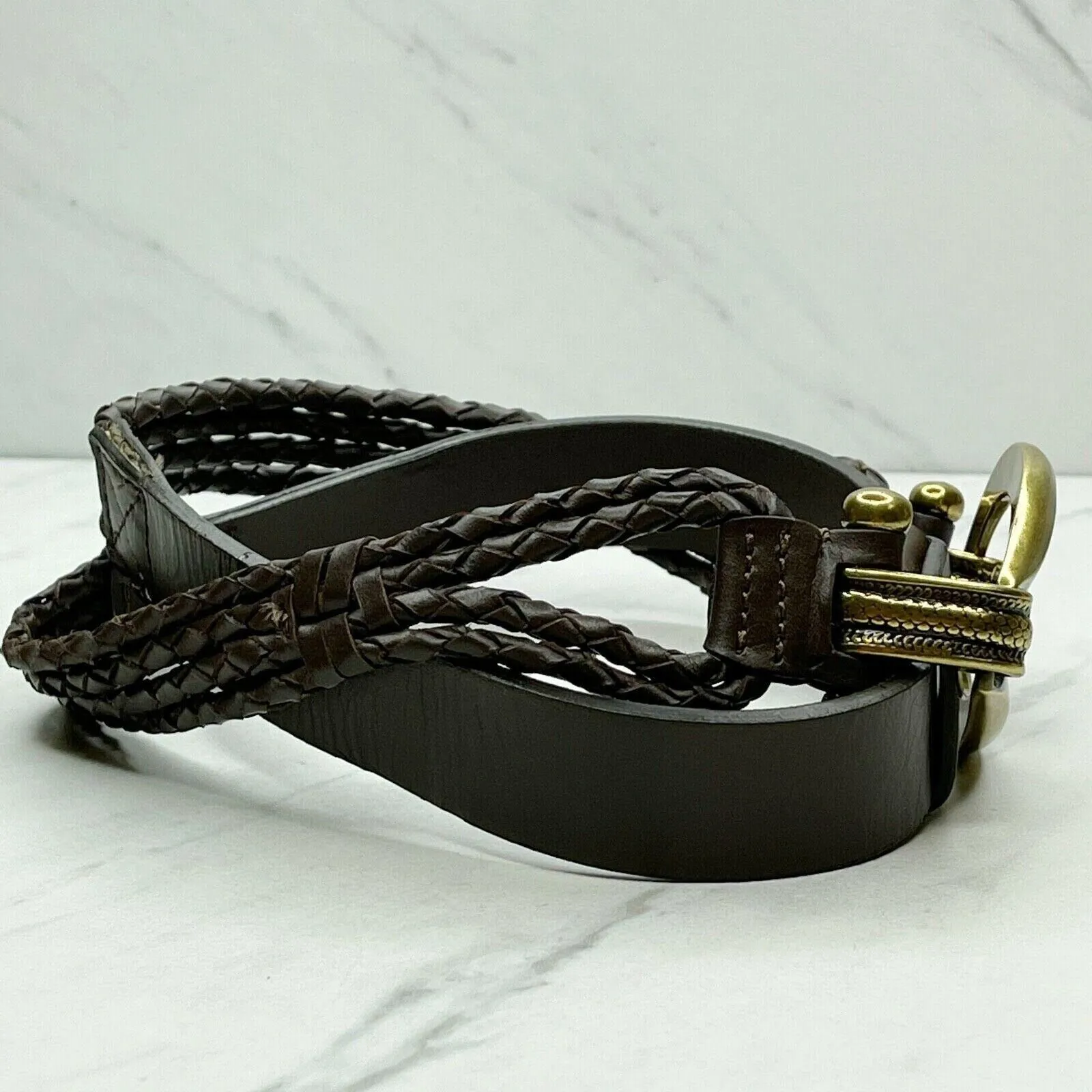 Brown Faux Leather Hook Buckle Belt Gold Tone Hardware Small (S) Womens ✨ - Image 3