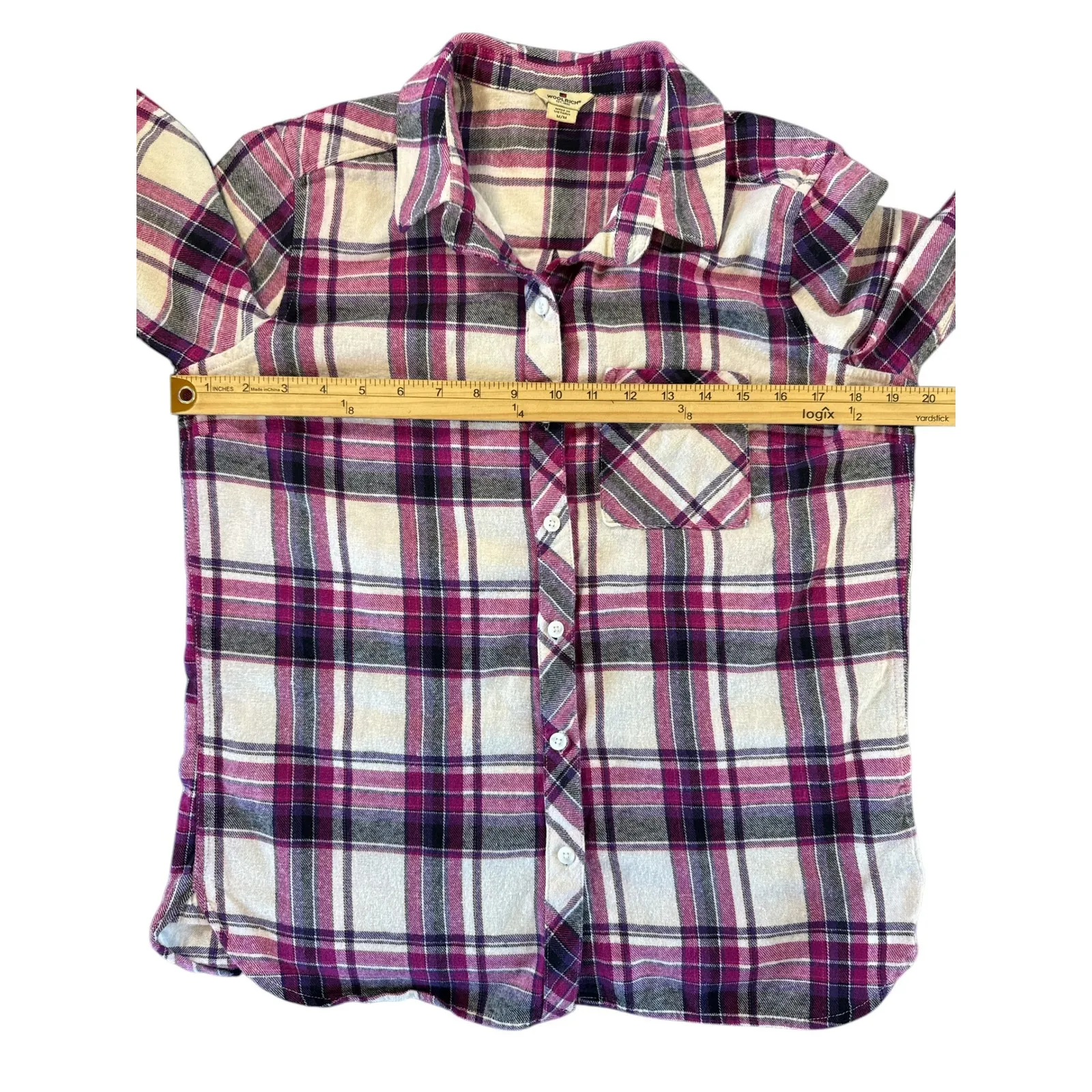 WOOLRICH Plaid Flannel Shirt Women's M/M Cream Magenta Charcoal Long Sleeve - Image 3