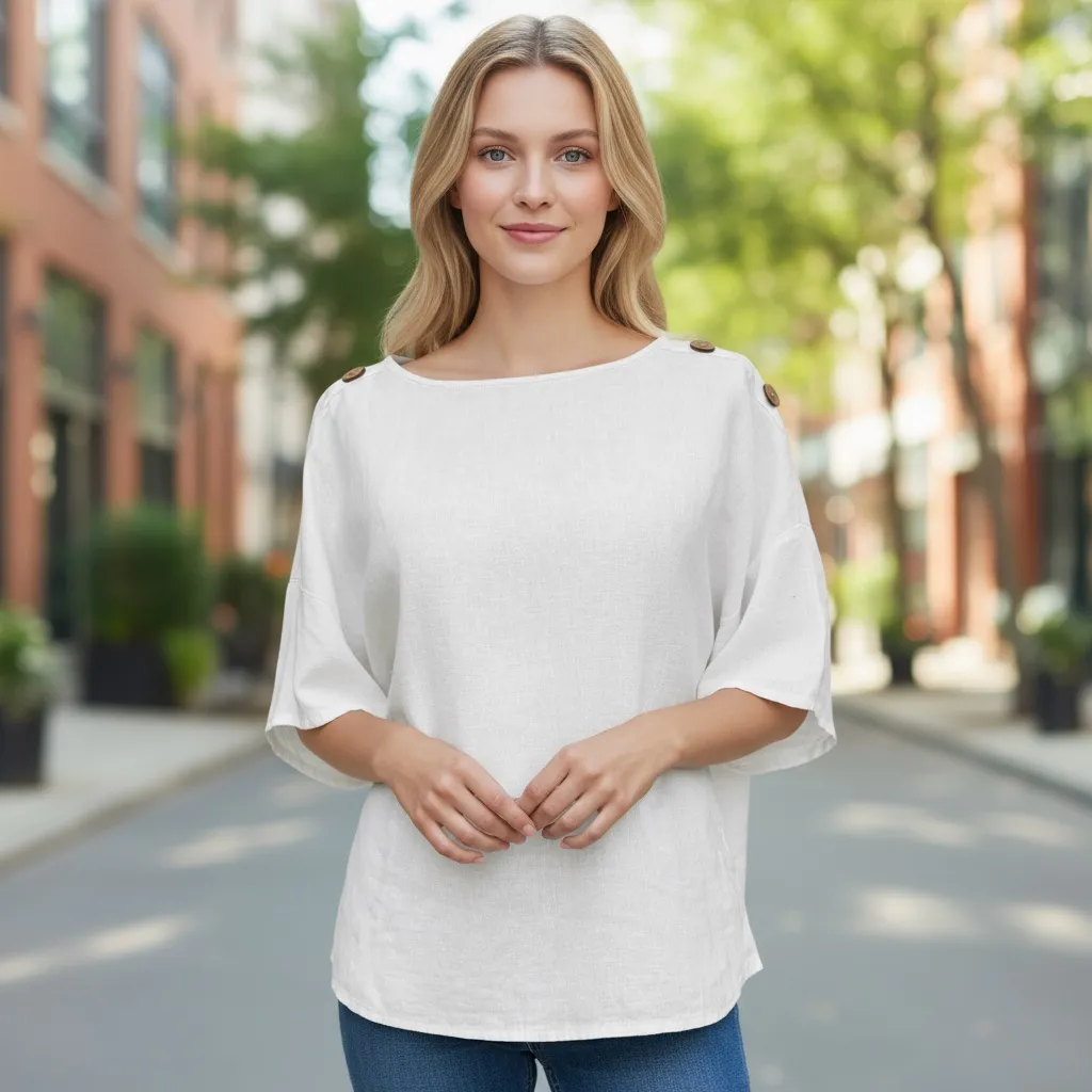 Soft Surroundings White Linen Blend Button Shoulder Top PM Petite Medium NWOT - Image 6