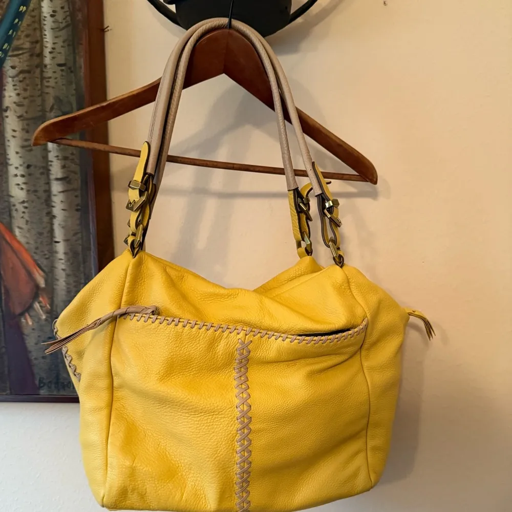 Oryany Womens Yellow & Tan Pebbled Leather Tote Shoulder Bag Multi Pockets - Image 2