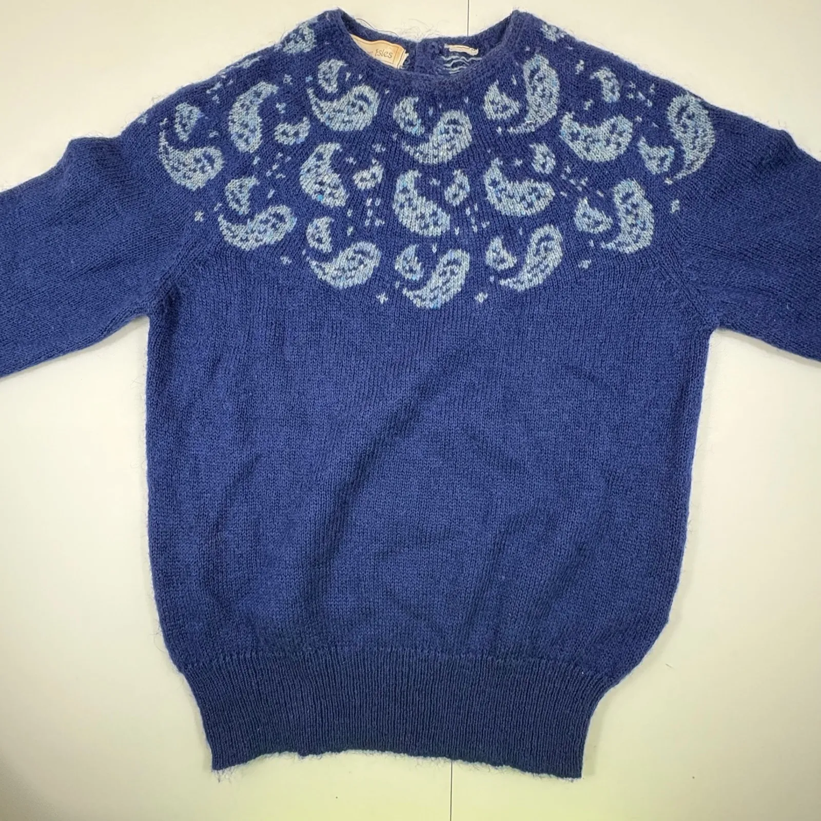 Vintage Northern Isles Skipper Blue Fair Isle Paisley Knit Sweater Size S - Image 3