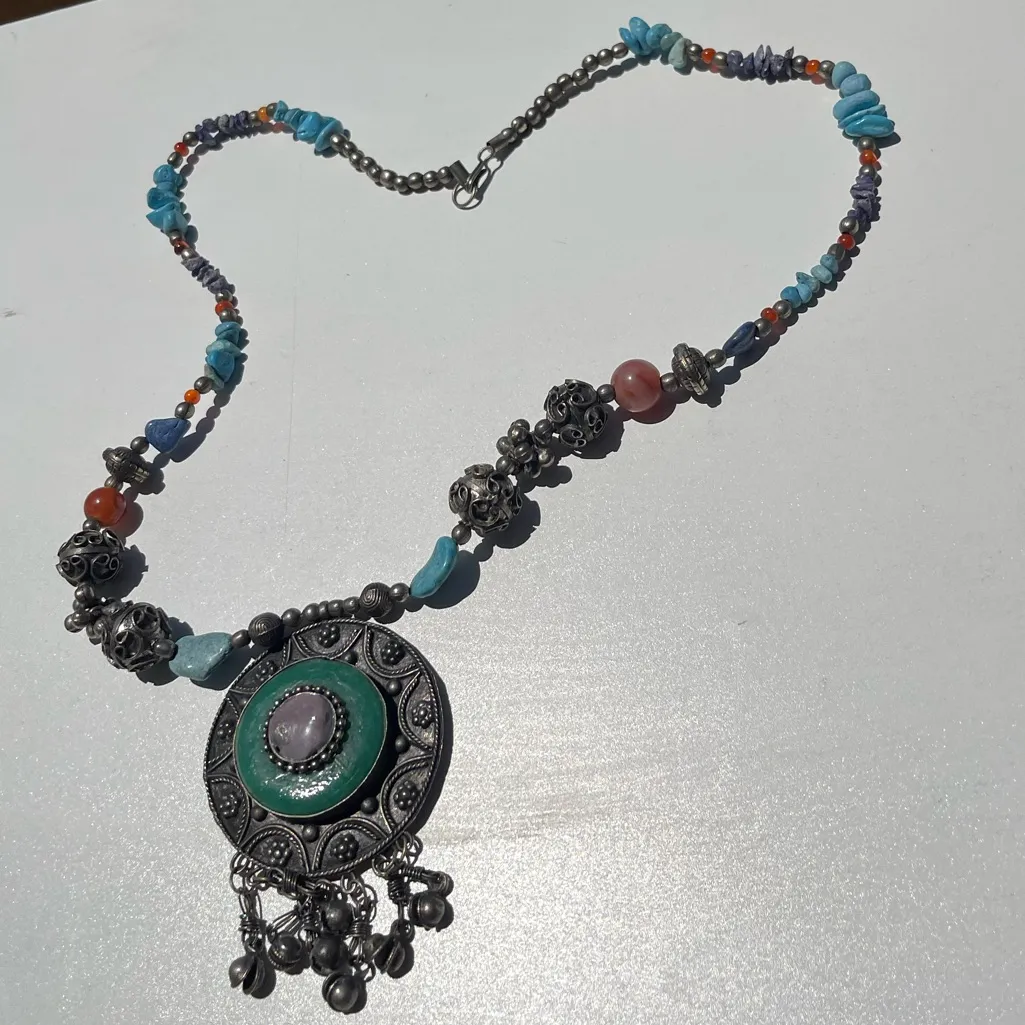 Vintage Boho Tribal Medallion Pendant Necklace Carnelian Turquoise Multistone Blue - Image 8