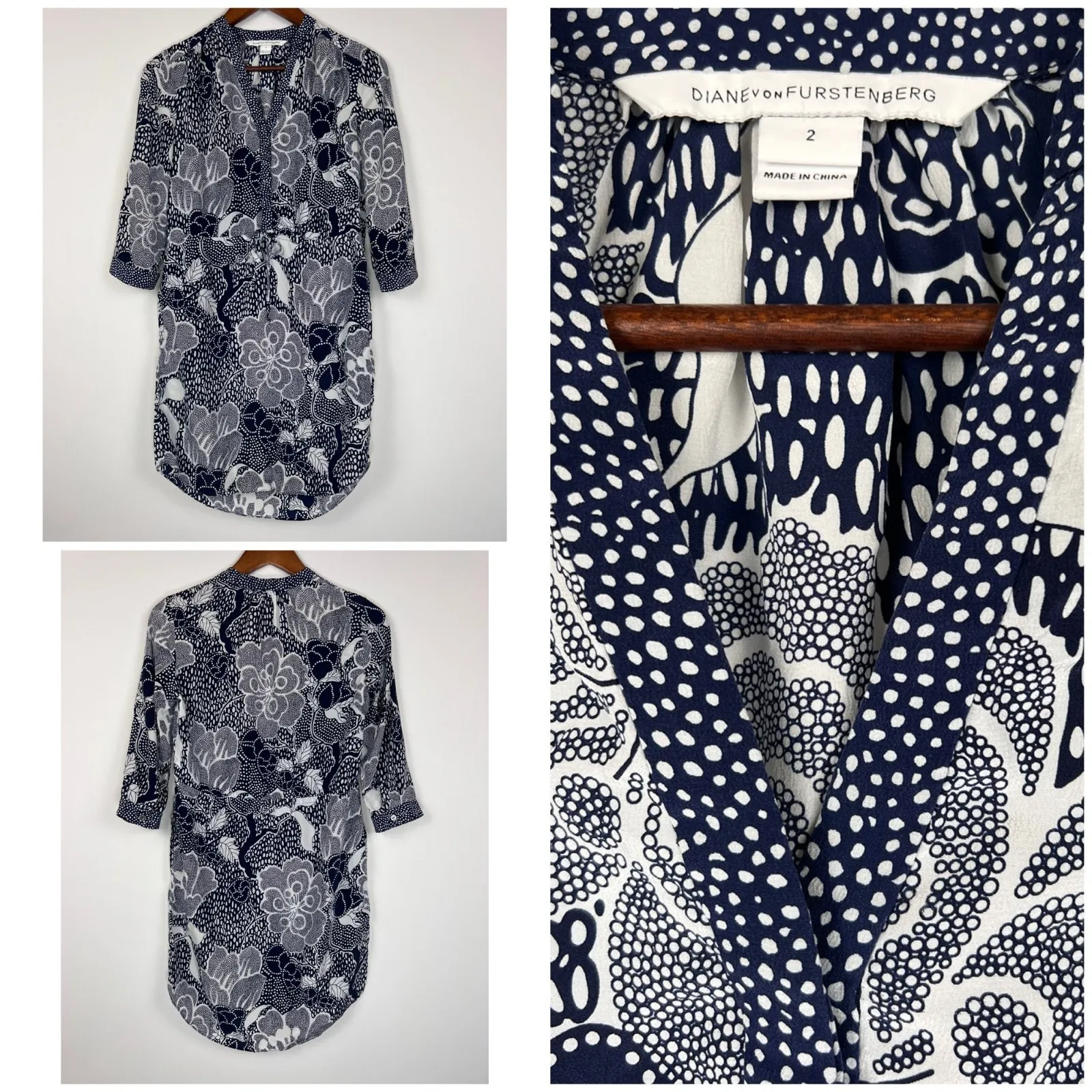 DVF 100 % Silk Floral Dress SZ 2 Blue White Tie Waist Knee length 3/4 sleeves - Image 7
