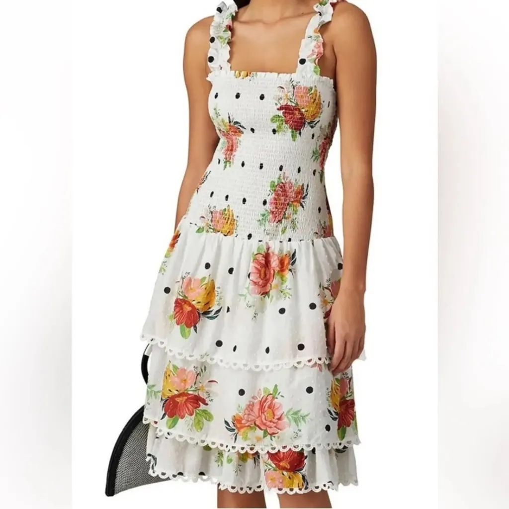 FARM RIO Nanaju Floral White Midi Dress Sleeveless Smocked Tiered Size S - Image 15