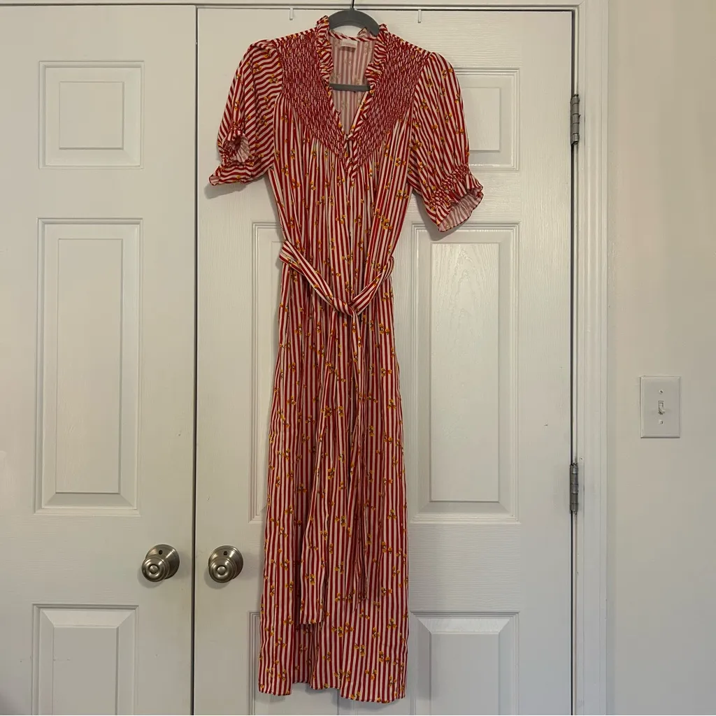 Elena Smocked Printed Broadcloth Midi Dress size M Striped Red Floral Pink Size M - Image 3