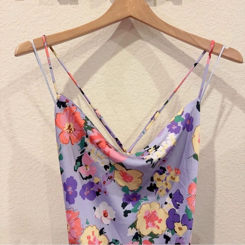 ASTR Gaia Draped Collar Satin Midi Dress in Periwinkle Floral Size Small NWT - Image 5