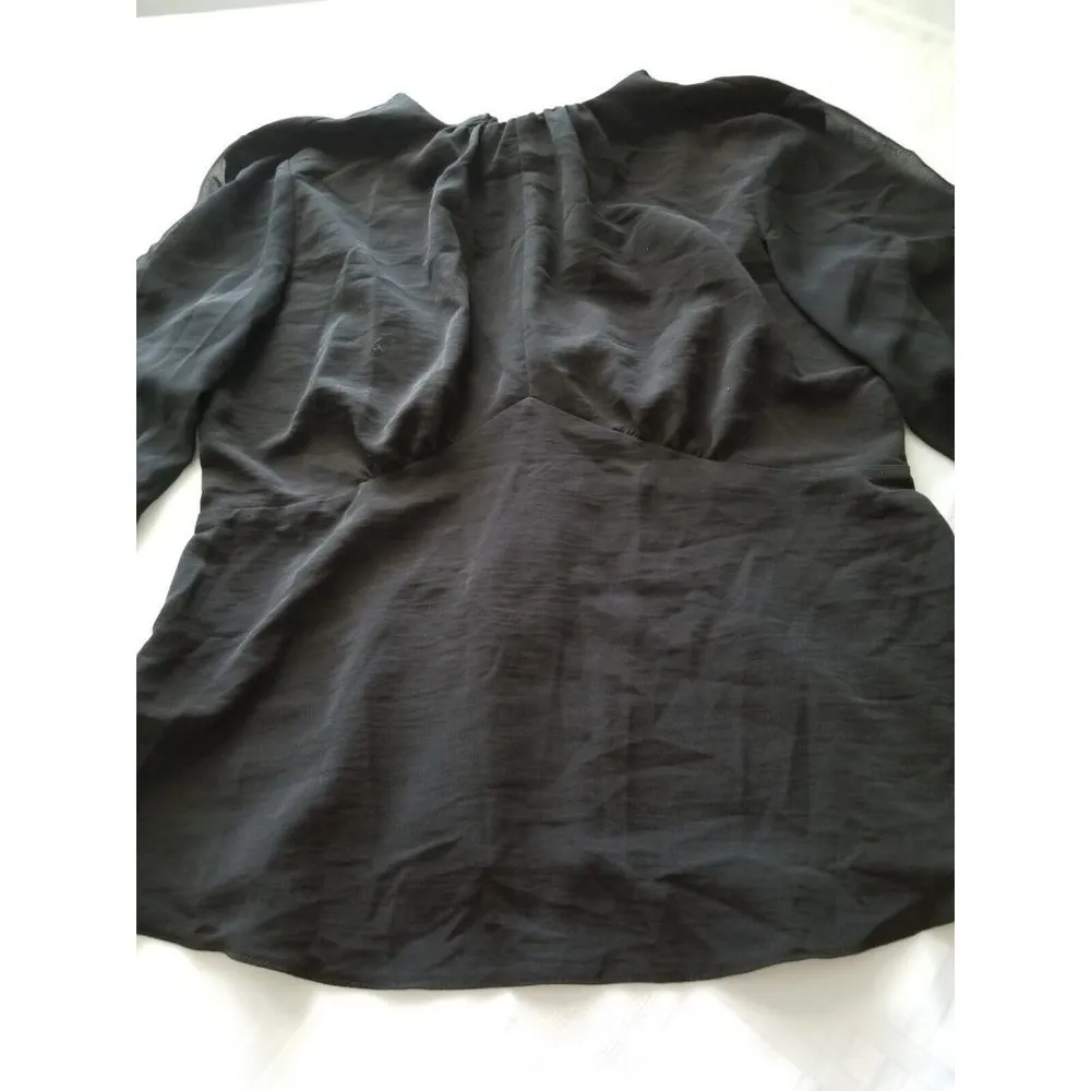 TOPSHOP Black Sheer Long Sleeve Peplum Blouse Keyhole Back Shirt Top Size 8 - Image 3
