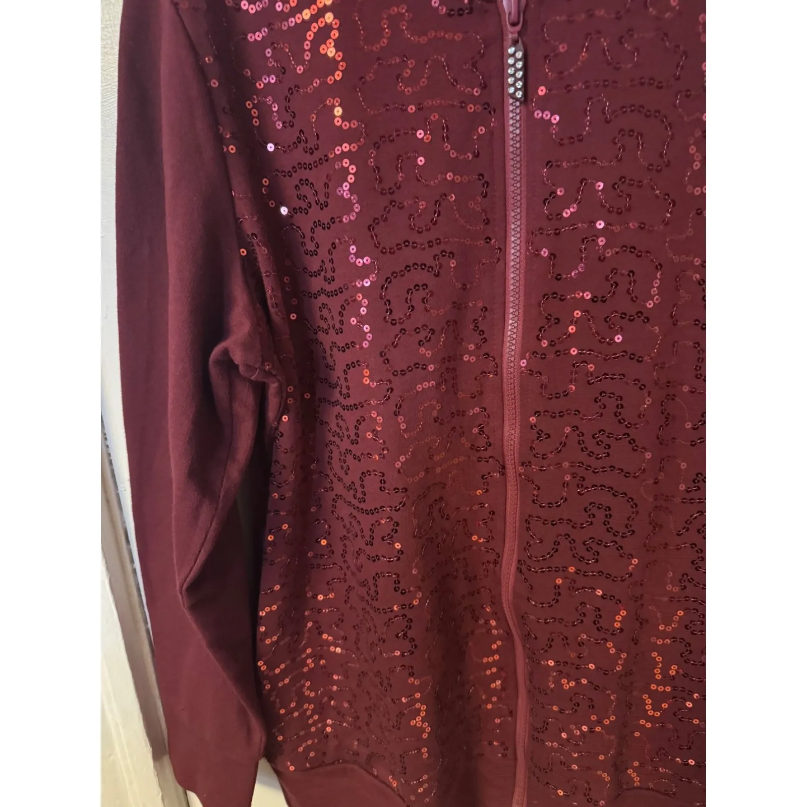 Quacker Factory Sequin Swirl Bomber Jacket SZ Medium Wine Zip Up Women - Image 2