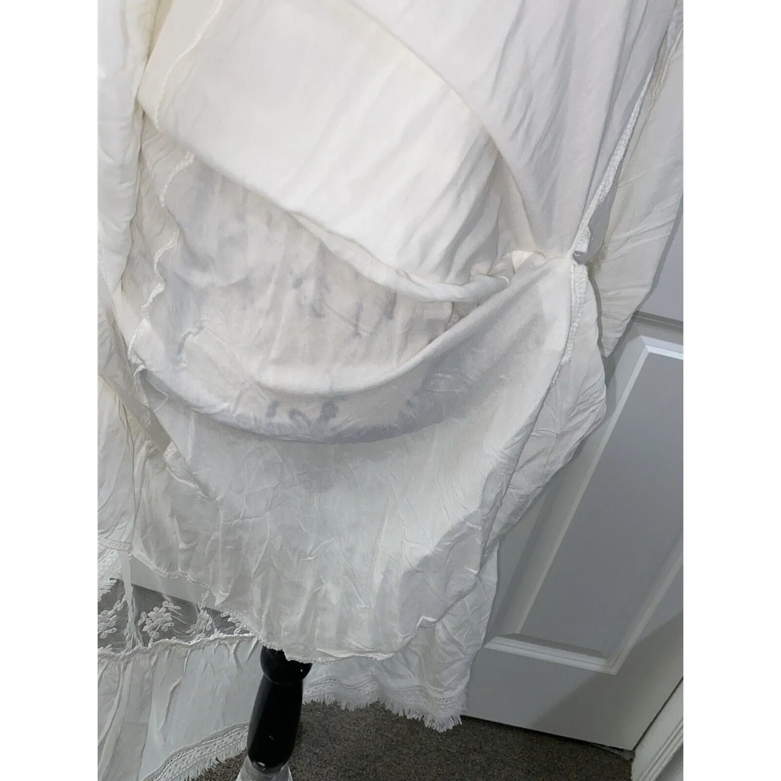 Muy Muy Fancy Cottage Core Lace Embroidered Bell Sleeves White Maxi Dress Sz Sm - Image 7