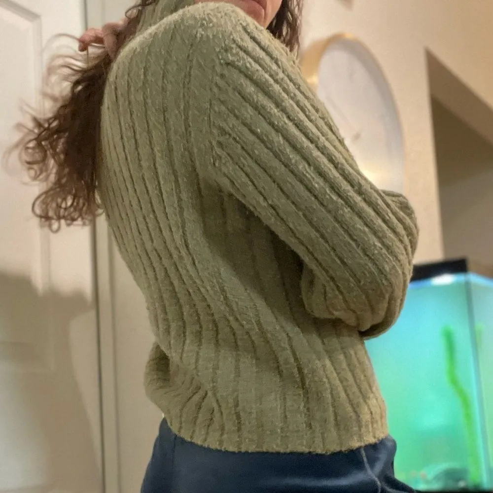 Vintage Oversized Fuzzy Thick Rib Mock‎ Neck Sweater Green Sz Large Petite - Image 5