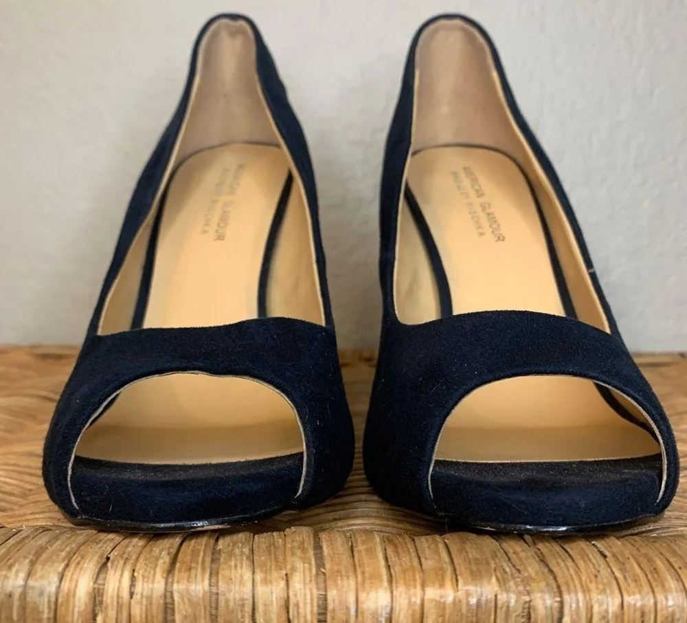 Badgley  Mischka American Glamour Suede Peep Toe Pumps Metallic Detail Size 8.5 - Image 2