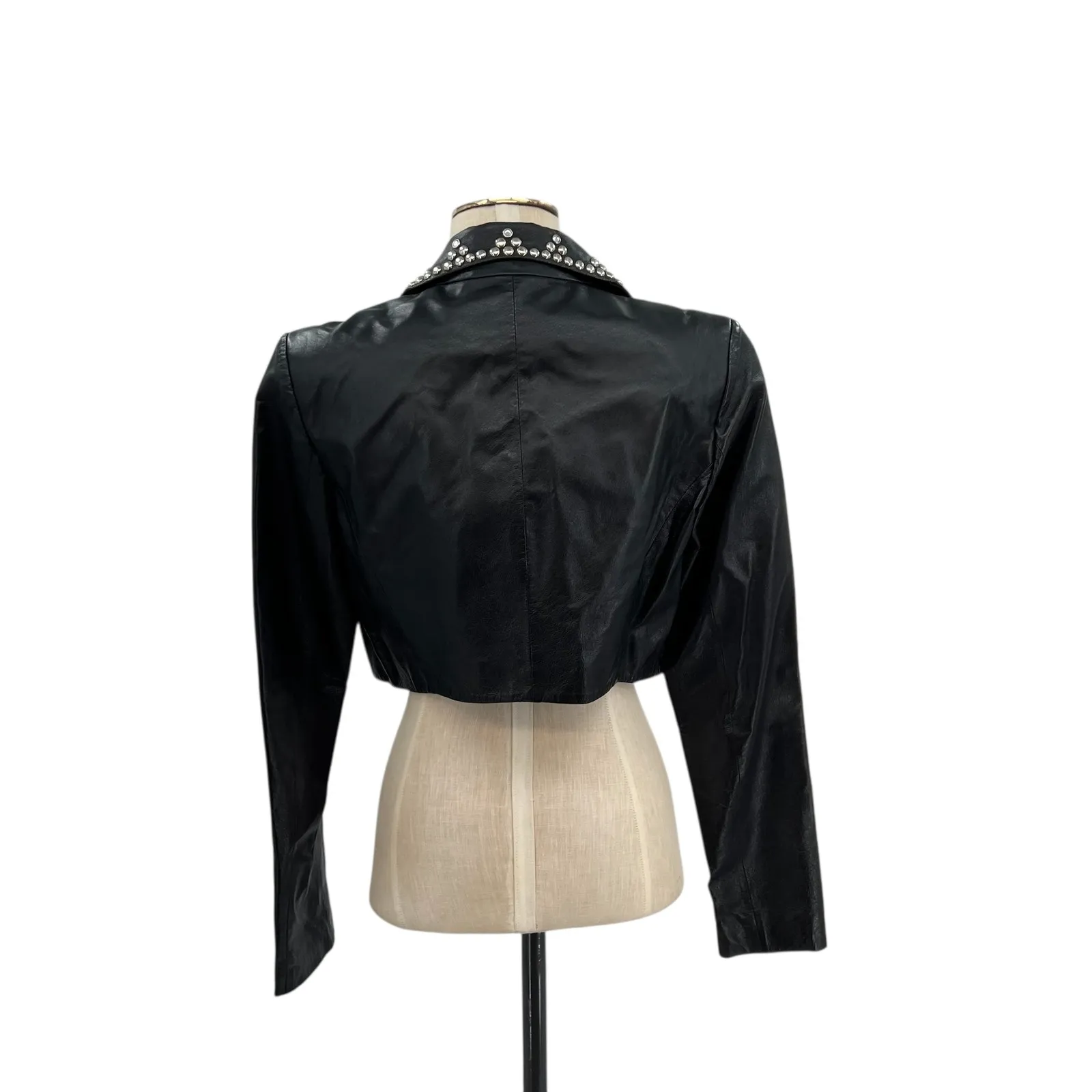 Cache Vintage Leather Jacket Cropped Studded‎ Rhinestones Black Size Medium - Image 7