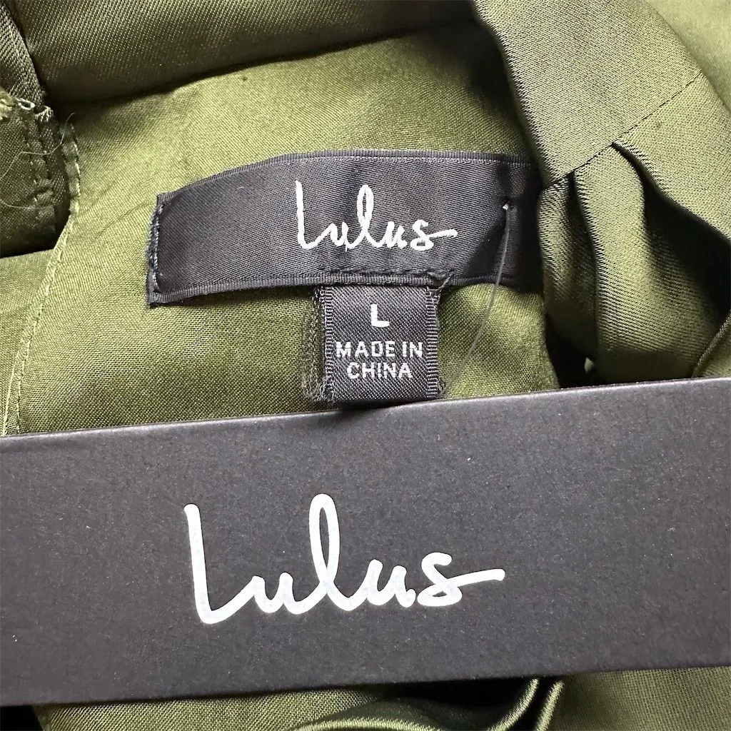 NWT Lulus Women's Distinctive Charm Olive Green Satin Asymmetrical Maxi Dress L - Image 9