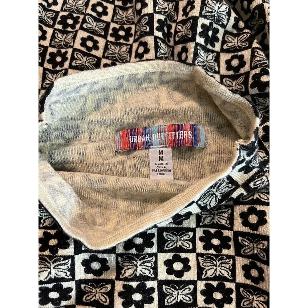 Urban Outfitters Cream Black Butterfly Flower Checker Print Soft Cozy Sweater M - Image 6