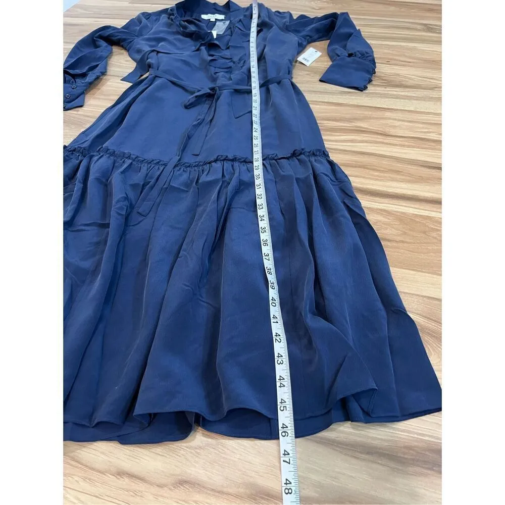 Joie NWT Roussel Ruched Ruffle-Trim Silk Navy Blue Midi Dress Sz S - Image 5