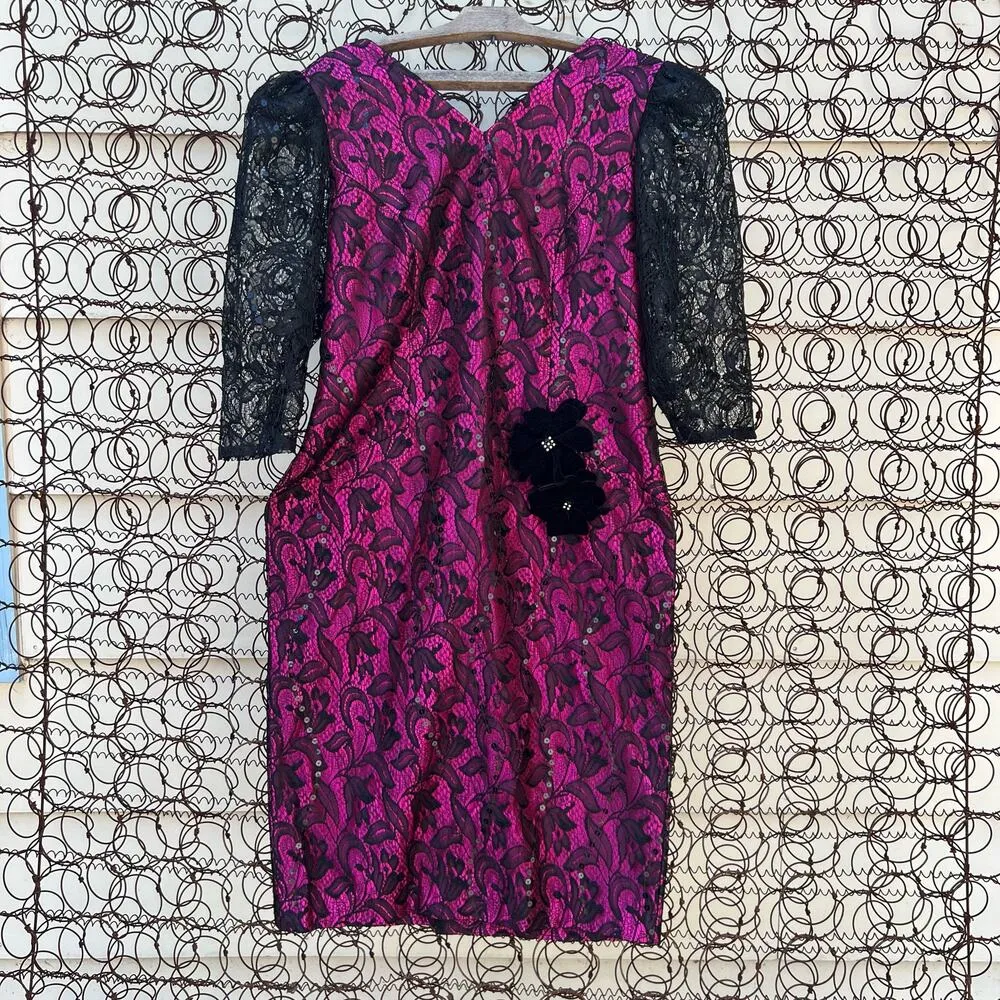 Vintage Handmade Black Lace Overlay Purple Puff Sleeve Sheath dress Size L - Image 5