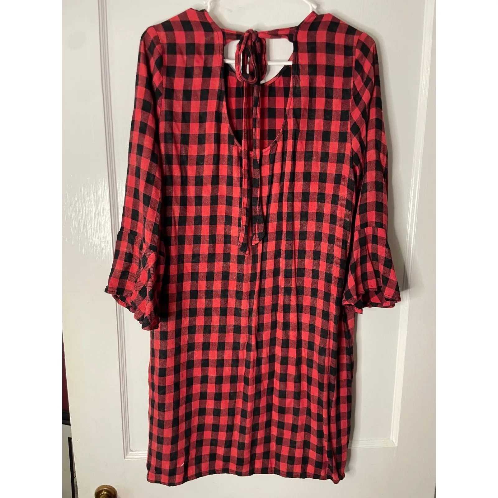 Red Buffalo Plaid Dress Long Sleeve Flared Bell Sleeve Casual cloth‎ & stone L Size L - Image 3